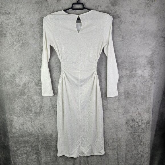 Women's White & Gold Pretty Little Thing Long Sleeve Ruched Bodycon Dress 10 - Picture 11 of 15